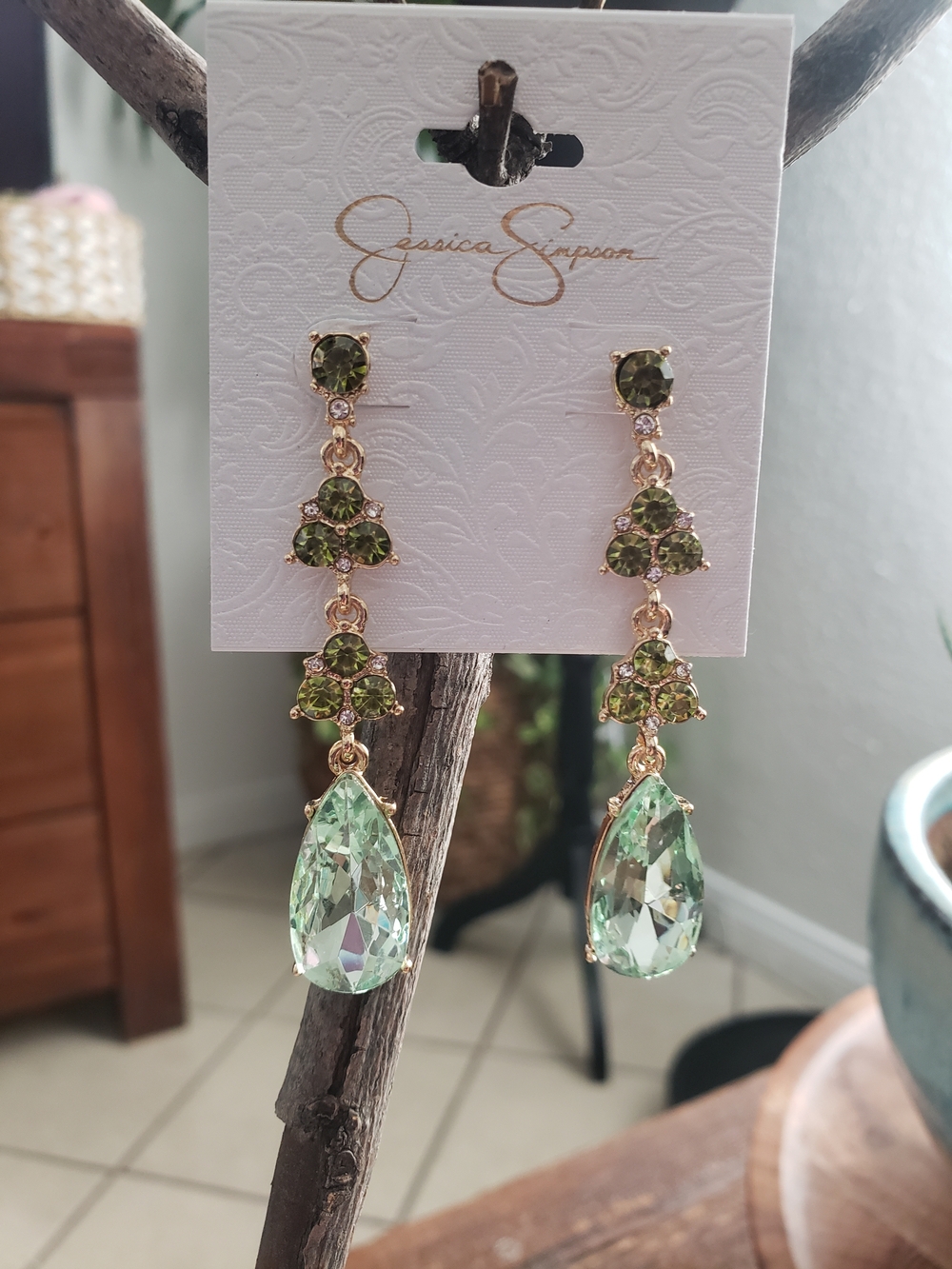 Jessica Simpson Gold-Tone Light Green Drop Crystal Earrings - Picture 4 of 7